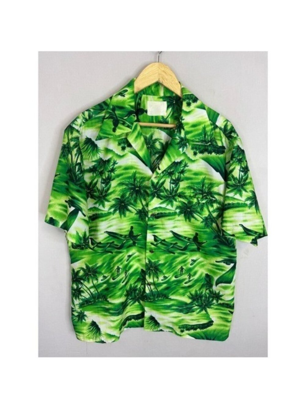 Vintage Green Tropical Hawaiian Shirt Palm Tree Surfer Print Camp Collar Large